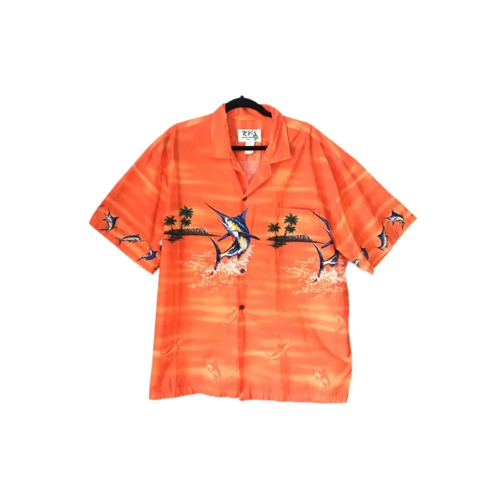 Vintage KY'S Hawaiian Button Up Shirt Mens 2XL Orange Marlin Fish Aloha Tiki USA